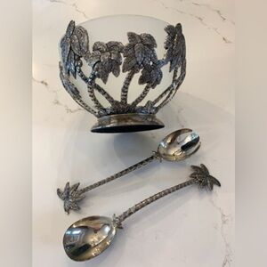 Vintage Godinger Salad Bowl Silver-Plated Frosted Glass Palm Trees w/ Servers.